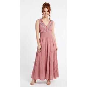 J. Jill Women's Maxi Dress Large  Rose Pink Embroidered Smocked Tiered Gauze